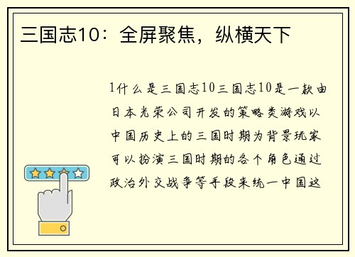 三国志10：全屏聚焦，纵横天下